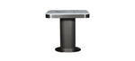 Square table with a black base and silver top on a white background