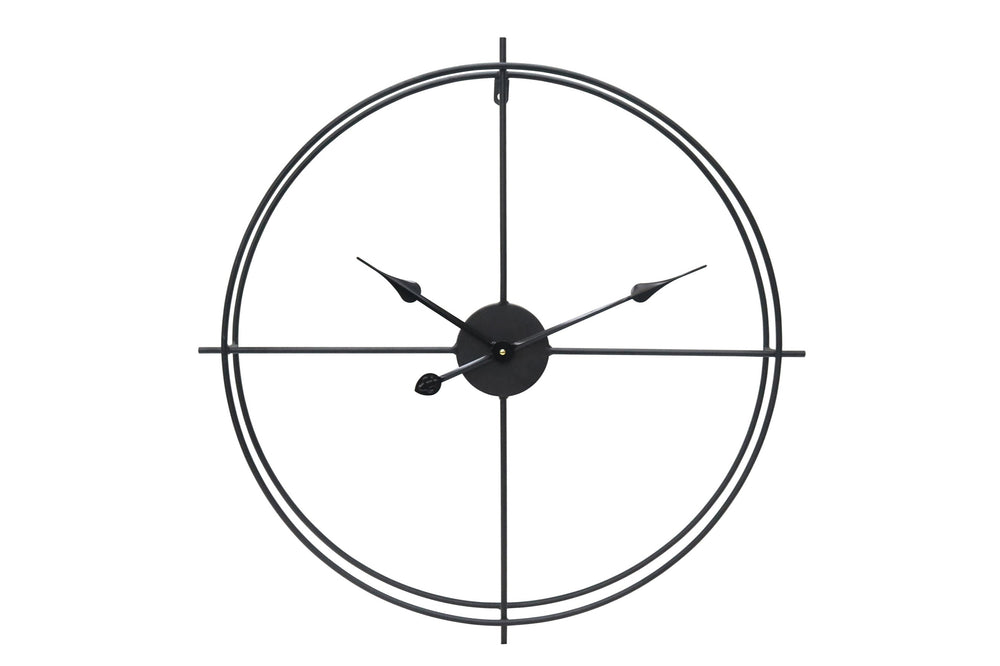 A black wall clock with tapered black hands and simple trims, designed in a minimalist style.