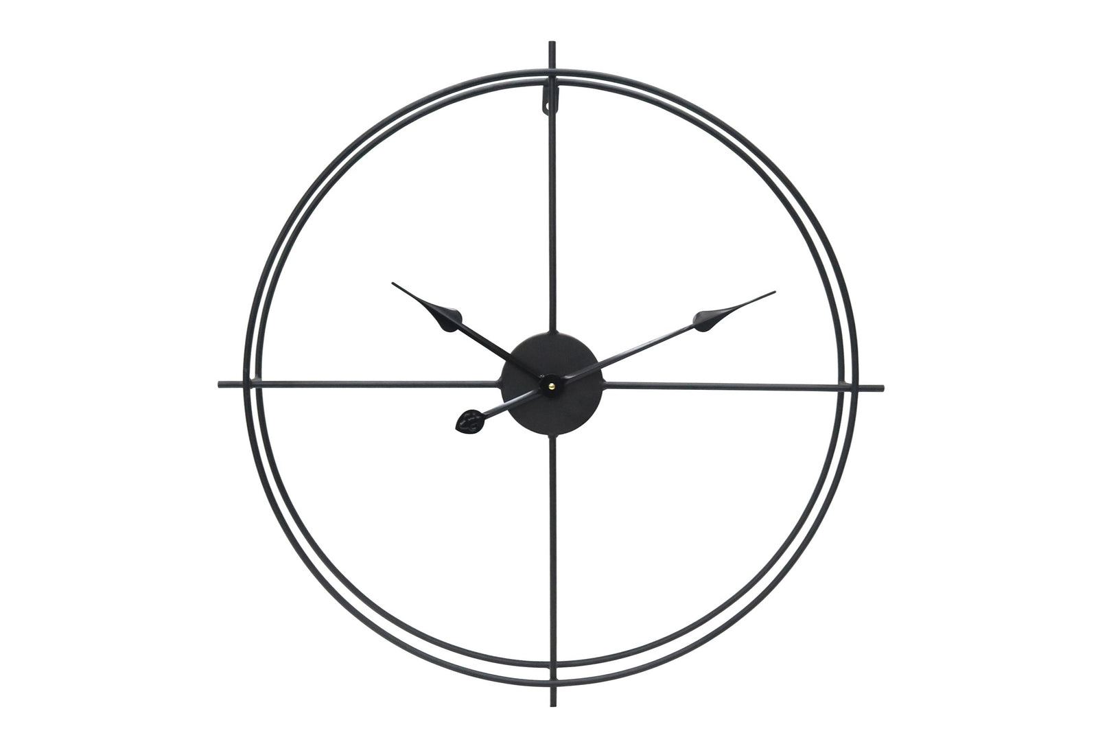 A black wall clock with tapered black hands and simple trims, designed in a minimalist style.