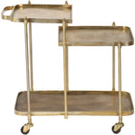 A brass accent bar cart with two tiers, wheels, and a handle, presented on a plain background.